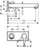 Hansgrohe Mischermodul in grafischer Darstellung, mit seitlichem Auslauf und Armatur, skizzenhafte Maße und Montageseiten für Unterputzinstallation.